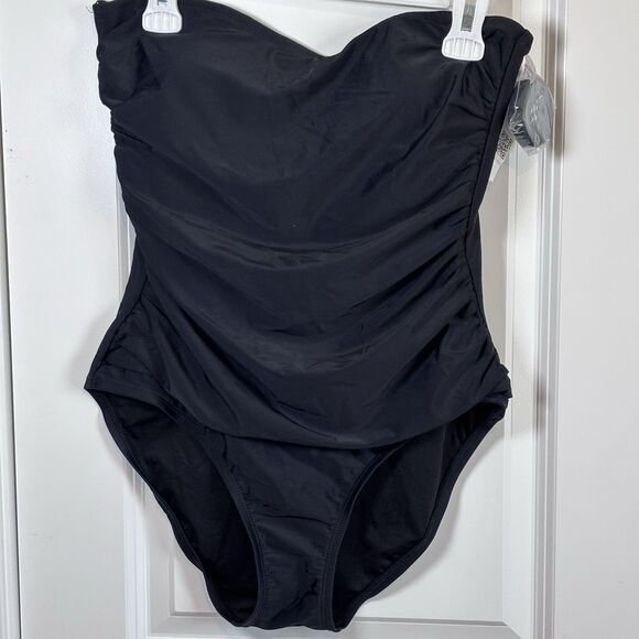 DKNY  Womens Black Swim/Bathing Suit XLarge  4 way Strech UPF Front Shirring New - Picture 1 of 10